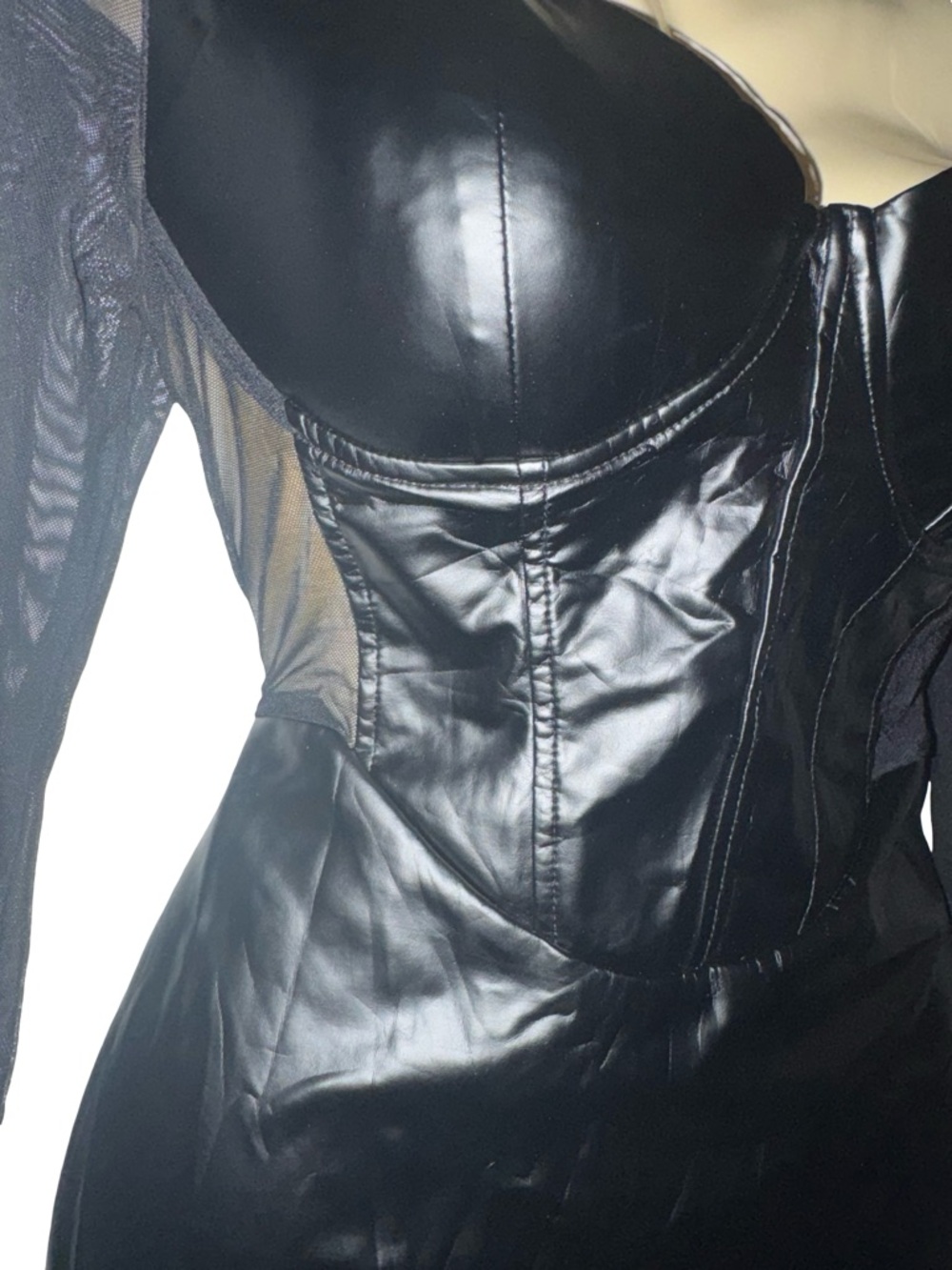 Black Faux-Leather Corset Mini Dress with mesh Long Sleeves - Picture 2 of 5